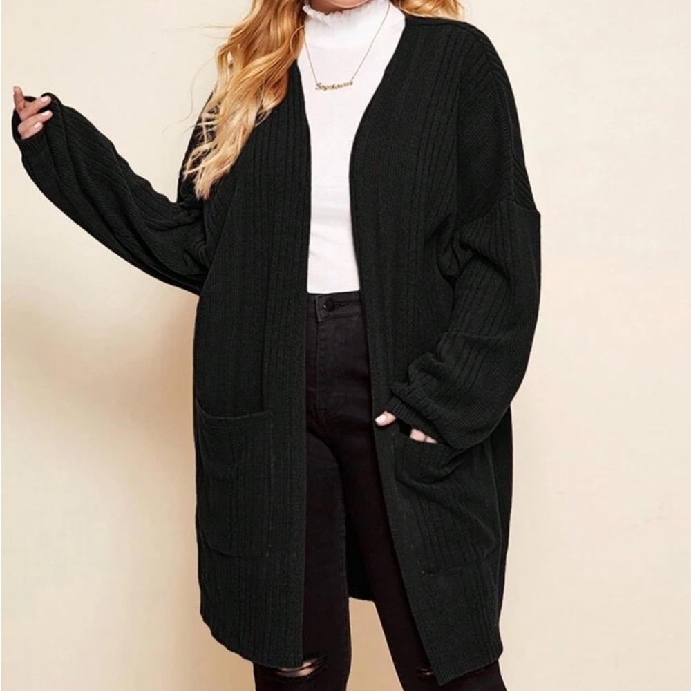 LUNE Black Oversized Ribbed Longline Cardigan Plus 2X Open Front Cozy